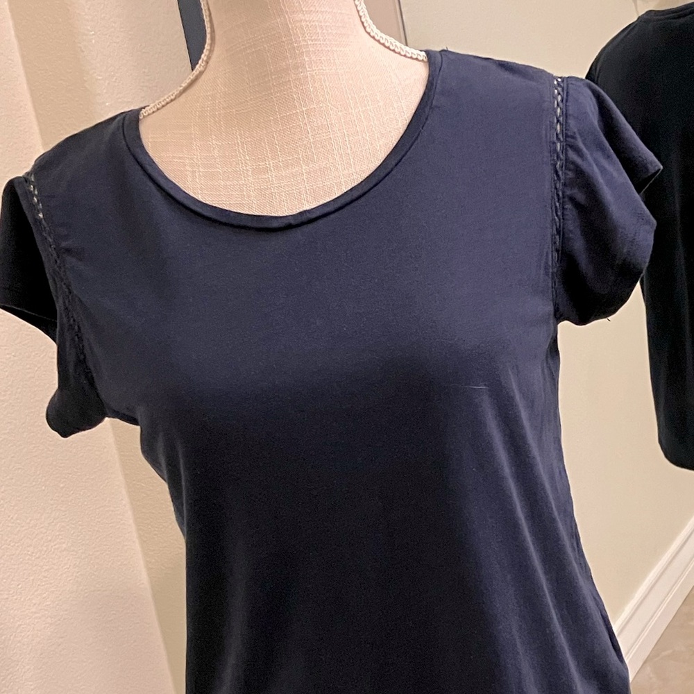 Blue peek-a-boo shoulder detail top with cap sleeves, size Med